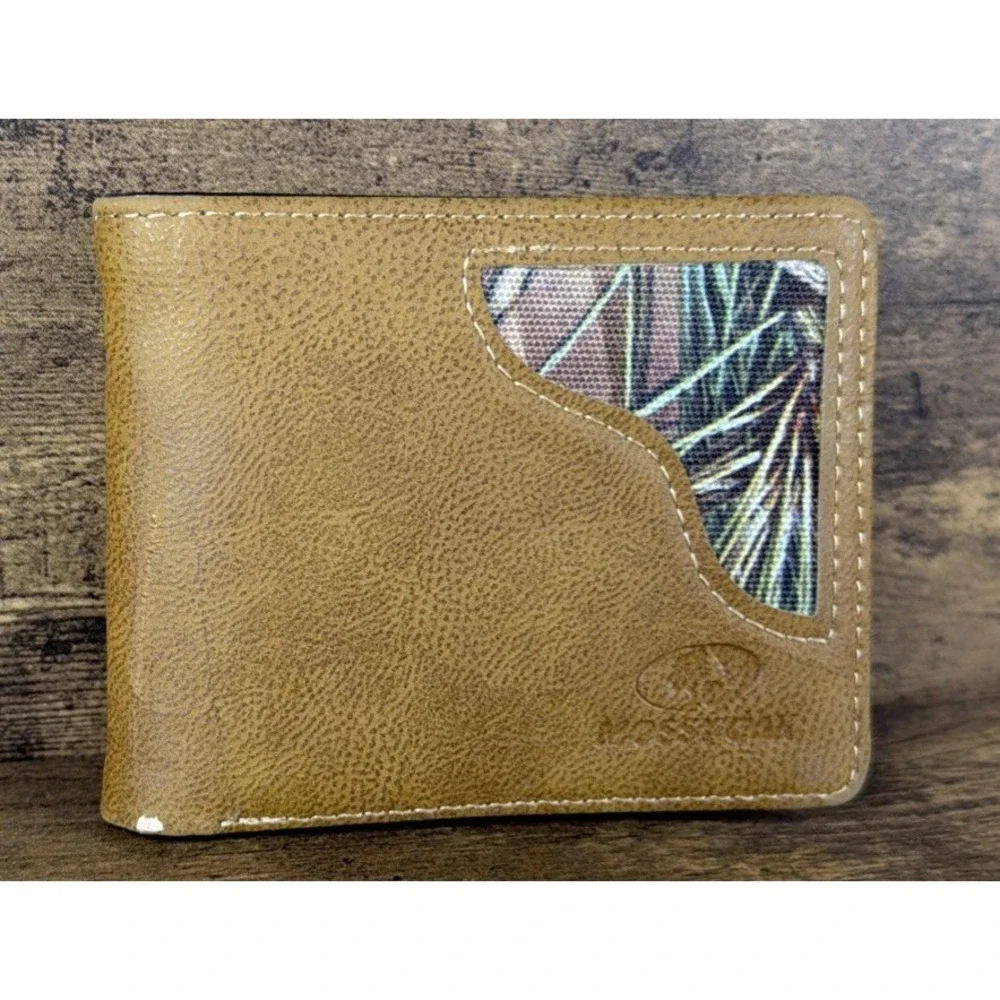 Mossy Oak Men's Faux Leather Bifold Wallet Camo Pattern Tan Brown Fast Shipping